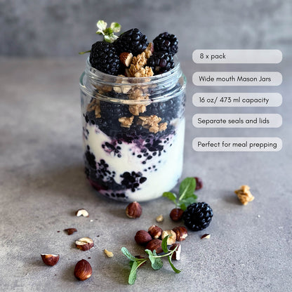 8 Pack Wide Mouth 16Oz Mason Jars